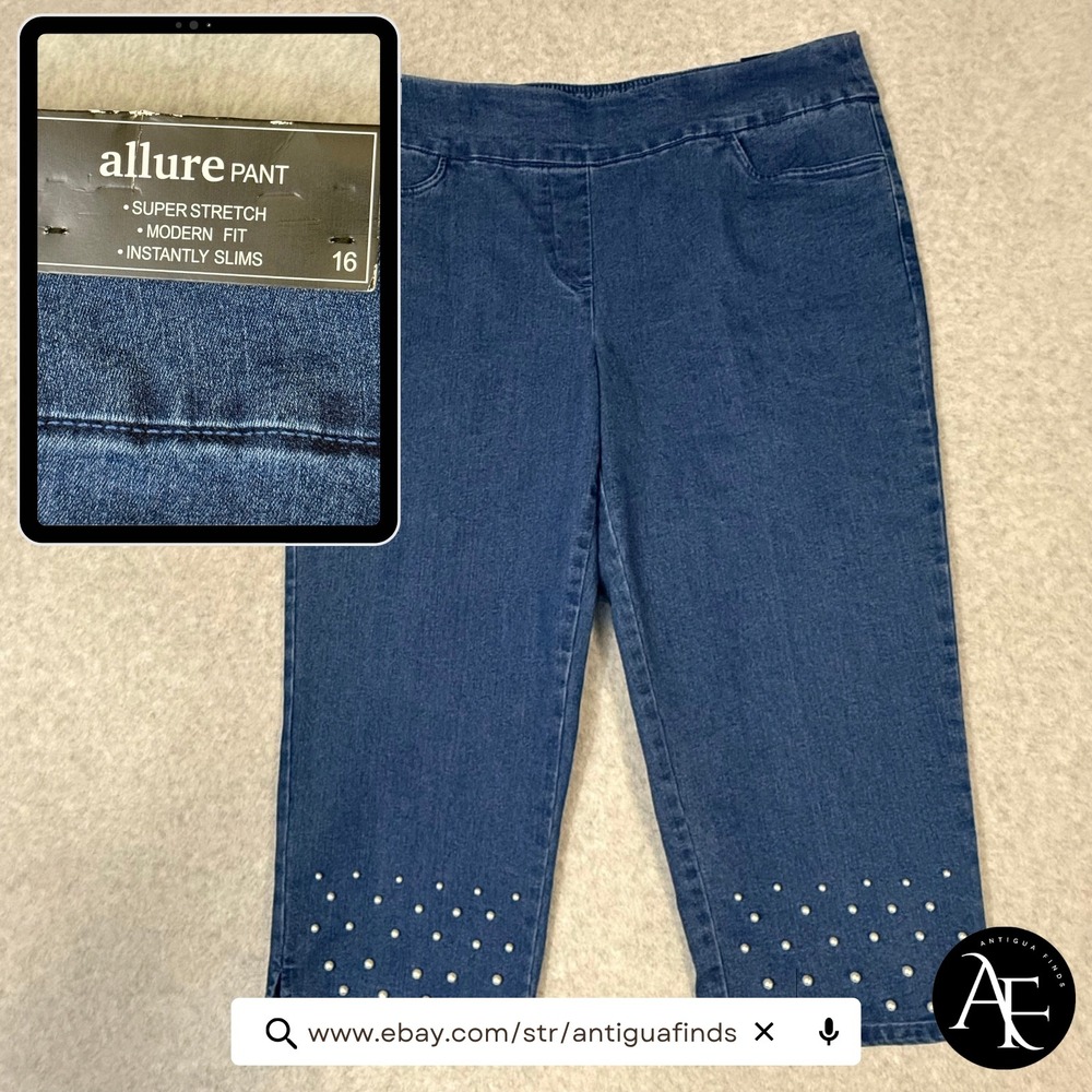 Alfred Dunner Allure Pant Womens 16 Blue Denim Pearl Embellished Capri Jeans NWT